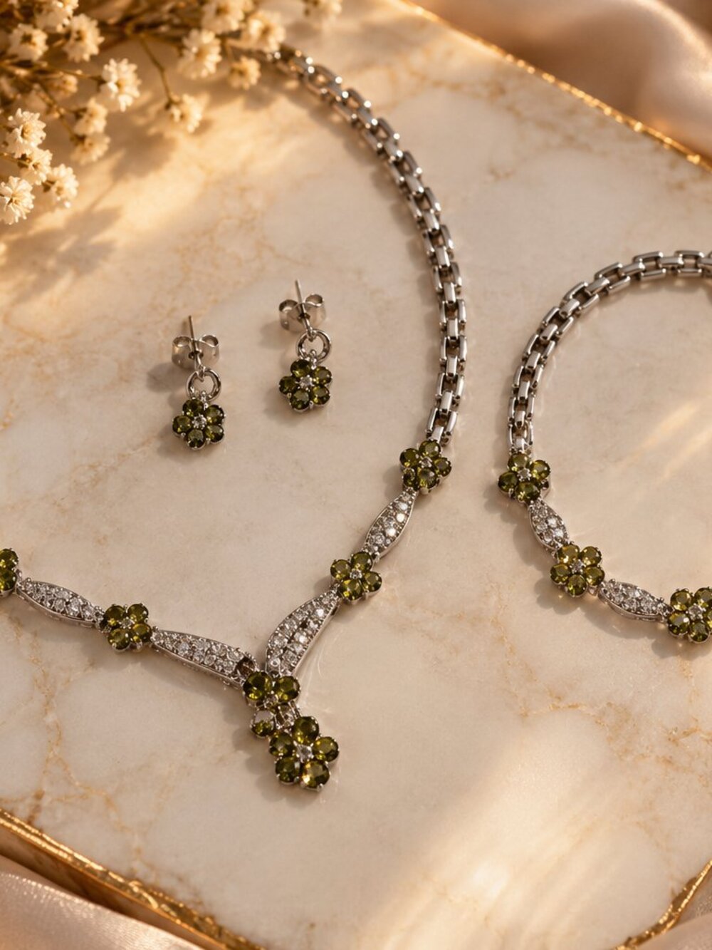 Vintage Olive Green Rhinestone Jewelry Set - Necklace, Bracelet & Drop Earrings